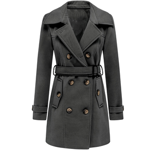 Abrigo de lana OEM para mujer con solapa con muescas, doble botonadura, estilo gabardina larga, tipo detective de invierno con cinturón desmontable - Product Image 1