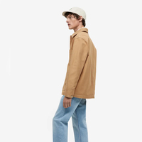 Grosir 2023 pria kedatangan jaket Denim pria dasar warna Tan dengan kerah lipat dan penutup kancing
