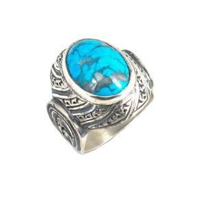 925 Sterling <b>Silver</b> Men's <b>Statement</b> <b>Ring</b> with Oval Turquoise Topaz Stone Bezel Setting for Everyday Wear - Product Image 1