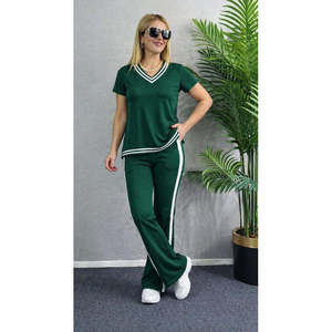 Ensemble deux pièces pour femme, chemisier à manches courtes et col en V en viscose à deux fils et pantalon, 36668 - Vert - Product Image 2