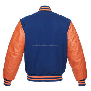 Chaqueta universitaria azul real naranja personalizada, cuerpo de lana bordado, Mangas de cuero, cierre de botón a presión, ropa de abrigo universitaria de primavera lista - Product Image 2