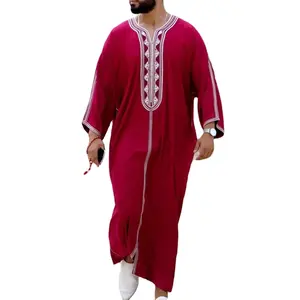 メンズカフタンレッドシルク製刺繍イスラム教徒メンズジップトベ長袖無地通気性ローブ2022ラウンドネック