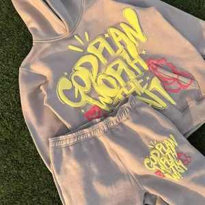 High Quality 100% Cotton 400gsm Flees Puff <b>Printing</b> Pullover <b>Hoodie</b> with Sweat Pant Sweat Suits Wholesale - Product Image 2