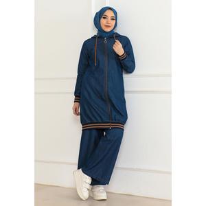 Ensemble deux pièces décontracté pour femme en denim côtelé bleu foncé, col rond, manches longues, fermeture éclair, 100 % coton, XS/XS, avec short mi-longueur au genou - Product Image 3