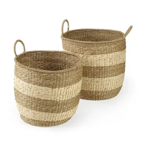 Round shape natural handicraft woven seagrass basket office storage collapsible laundry hampers basket flower pots planters