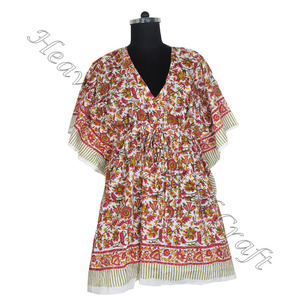 100% coton femmes vêtements de nuit main bloc imprimé caftan robe KFCS054 poids léger femmes décontracté Occasion porter courte Caftan robe - Product Image 4