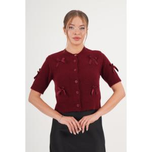 Wholesale Women's <b>Burgundy</b> Short Sleeve Knitted <b>Cardigan</b> Bow Ribbon Design - Product Image 2