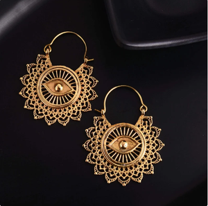 Pendientes de Aro Boho con Diseño Único de Ojo Turco, Pendientes Tribales de Latón para Mujer, Chapados en Oro de 18k, Joyería Colgante de Mandala, Venta al por Mayor/OEM/ODM - Product Image 1