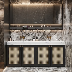 Muebles de trabajo de mimbre Mesa completa Gabinete de escritorio Panel Espejo Fregadero Grifo Cobre Comedor Baño Vanity Rock - Product Image 4