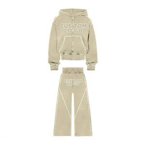 Dernier survêtement imprimé bouffant personnalisé Pantalon évasé surdimensionné en polaire de coton épais Survêtements à capuche survêtements délavés au soleil - Product Image 6