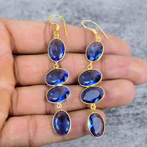 Tanzanite Quartz Four Gemstone Dangle Earrings 925 Sterling <b>Silver</b> Gold Plated Handmade Oval Shape Drop Statement Wedding/Gift - Product Image 2