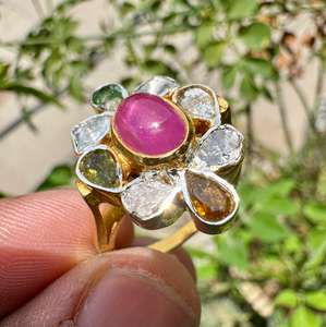 แหวนค็อกเทลเงินแท้ 925 ประดับเพชรโพลกี้และพลอยทัวร์มาลีนหลายเม็ด ชุบทอง - Product Image 5