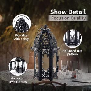 <b>Black</b> Metal Moroccan Candle <b>Lantern</b> Set of Two with Intricate Cutwork Warm Ambient Glow Elegant Tabletop Decor - Product Image 3