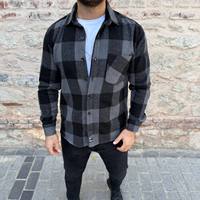 Erkekler Smart Casual Overshirt saten uzun kollu çift göğüslü düğme ekose Shacket gömlek Streetwear giyim moda üst cepler
