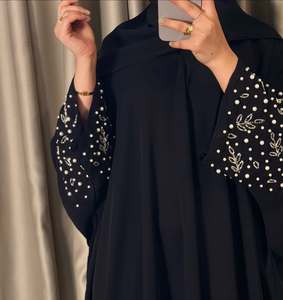 Dubai Premium Satin Abaya pour Adultes Luxueux Perlé Cristal Pierre Travail Col Ouvert Volant Style Robe XXL Taille Libre - Product Image 3