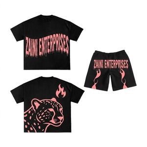 280 GSM Premium Cotton Terry Women T Shirt and Short <b>Set</b> Black Pink Puff Print Custom DTF Screen Print OEM ODM Apparel - Product Image 1