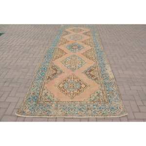 Alfombra turca vintage clásica, beige, azul, 4,8x12,5 pies, diseño de retazos de lana para sala de estar, pasillo, dormitorio de adolescentes, respaldo de látex - Product Image 1