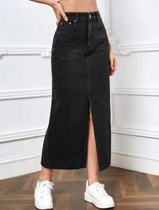 Ropa fabricante venta al por mayor mujeres niñas Denim algodón gran oferta moda hendidura falda de mezclilla personalizada Midi Jeans cintura elástica - Product Image 5