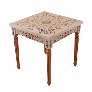 Mesa Auxiliar Cuadrada de Madera Blanca de Lujo con Arte Floral Pintado a Mano y Patas Acanaladas Clásicas para una Decoración Elegante en el Rincón del Hogar - Product Image 3