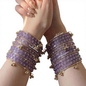 Colorful Stylish Vibrant Purple Silver Plated Trendy Geometric <b>Glass</b> Imitation Pearl <b>Bangles</b> Churiyan Set Women's Wedding Party - Product Image 1
