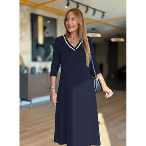 Robe midi en modal vert cagla à col en V et manches longues pour femme, 29515 - Bleu marine - Product Image 1
