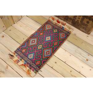 Alfombra Vintage de 1.3x2.8 pies, Alfombra Turca Azul Sólida de Lana - Product Image 1