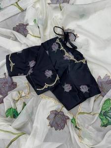 Collection Saree tendance pour vêtements de soirée avec impression numérique à la main et bordure Khatli sur tissu en soie organza Teby doux - Product Image 5