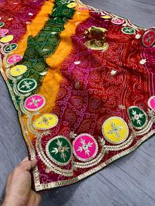 Sari en Georgette pur avec imprimé Bandhani de Jaipur et magnifique travail Gota Bangali sur le pallu et la bordure - Product Image 4