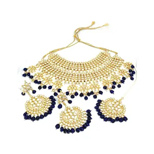 Ensemble de collier de mariée bleu Kundan avec boucles d'oreilles et Maang Tikka, plaqué or, bijoux fins ornés de pierres de zircon pour mariage - Product Image 4