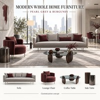 Ensemble de meubles modernes gris perle et bordeaux sur mesure pour toute la maison, canapé, table ronde à manger, chaises et lit rembourré