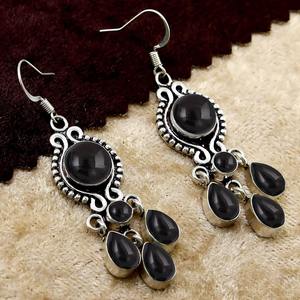 <b>Black</b> Onyx Gemstone <b>Earrings</b> 925 Solid Sterling Silver <b>Earrings</b> <b>for</b> <b>Women</b> and Girls Round Shape Dangle <b>Earrings</b> Silver, Silver - Product Image 3