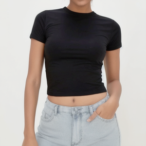 Camiseta corta de mujer de algodón personalizada al por mayor, camiseta recortada personalizable con decoración de botones en varios colores de verano - Product Image 6