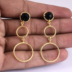 925 Sterling <b>Silver</b> Gold Plated Earring, Natural Black Onyx Long Dangler Earring Collection - Product Image 5