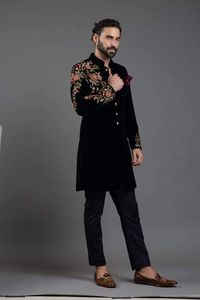 LATEST DESIGN of ZARI & RESHAM COLORFUL EMBROIDERY <b>WORK</b> on <b>BLACK</b> SHERWANI WITH <b>PANT</b> DRESS for PARTY-WEAR/WEDDING @ 2024 - Product Image 2