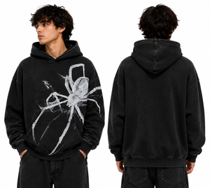 Sudadera con Capucha Oversize para Hombre, Estampado de Araña Negra, Informal, de Algodón Tejido, Estilo Urbano Otoñal, Manga Regular, Logotipo Frontal - Product Image 3