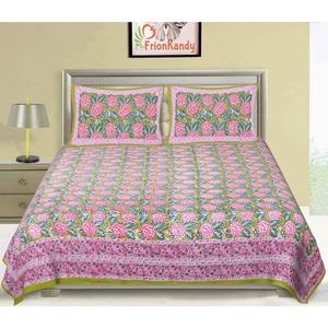 Sábana de Cama Doble Extra Grande de Algodón Jaipuri Verde 240 TC con 2 Fundas de Almohada con Estampado Floral Hecho a Mano (ALDB1002) - Product Image 1