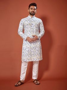 Venta caliente diseñador algodón Lucknowi Chikankari Digital Print Mens Kurta pijama para Festival Wear de India - Product Image 6