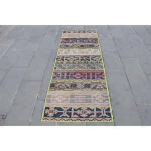 Alfombra Vintage de 2.6x7.3 pies, Alfombra Turca, Alfombra de Lana Azul Ombré - Product Image 1