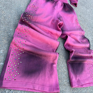 Diseño de logotipo personalizado Sun Fade Chándales Hombres Lavado ácido Rhinestone Zip Up Sudadera con capucha Pantalones acampanados Trajes de sudor de algodón - Product Image 3