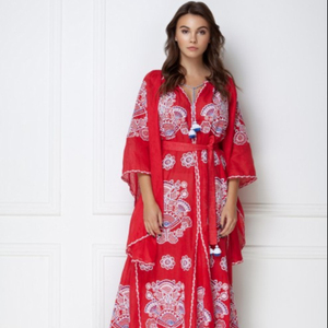 ชุดเดรสคาฟตันคอวีทรงหลวมมีแขนปักลายดอกไม้ทำจากผ้าฝ้ายฟรี - Product Image 1