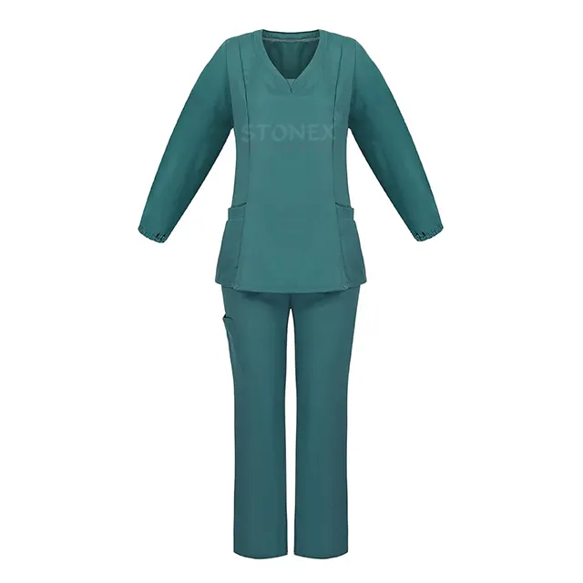 Dames Scrub Set Twee Stukken Lange Mouw V-Hals T-Shirt & Scrub Bottom Stretchy Broek Beste Sale