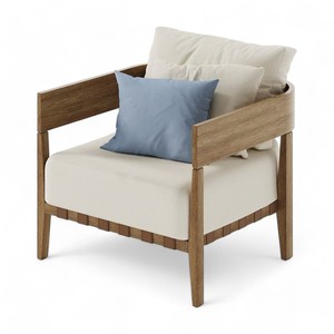 Fauteuil lounge en bois de teck entièrement rembourré Finition naturelle Accents en cuir cousu pour salle à manger Canapés de jardin Patio Extérieur - Product Image 5