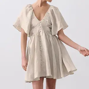 เดรสผ้าลินินคอวีหรูหราของผู้หญิง,เดรสผ้าลินินลำลองสีขาวผ้าคอตตอนสแปนเด็กซ์ทรงเอไลน์ขนาดเล็กฤดูร้อนปี2022