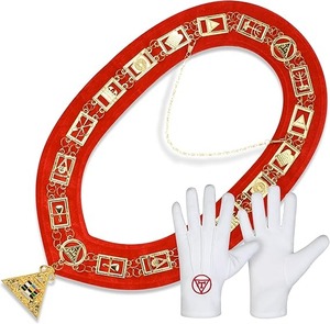Ensemble collier et gants maçonniques Royal Arch en velours rouge, régalia maçonnique avec chaîne en métal plaqué or et gants brodés - Product Image 1