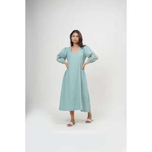 Women Solid Light Blue V-neck Floor-Length Eco-Friendly Natural Waist Long Sleeve <b>Loose</b> Fit Casual Summer <b>Dress</b> - Product Image 1