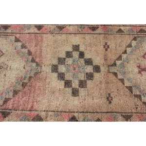 Turkish Vintage Rug, 2.9x12 ft Herki Rug, <b>Brown</b> Pink Solid <b>Wool</b> Rug - Product Image 4