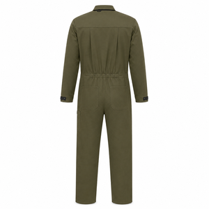 Combinaison industrielle pour homme en sergé robuste, vert olive, avec patte de boutonnage noire, col pointu, grandes poches aux hanches et genoux renforcés, multi-usages - Product Image 2