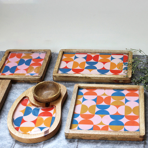 Handcrafted Modern Wooden Snack Serving Tray Set Geometric Print Base with <b>Sauce</b> Bowl Platter for Wedding Diwali Table - Product Image 4