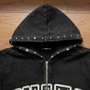 Ensemble de survêtement délavé à l'acide personnalisé 100% coton, effet vieilli, avec strass, pour homme, comprenant un pantalon de survêtement évasé et un sweat à capuche - Product Image 3