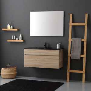 Meuble de salle de bain mural en chêne naturel de 100 cm avec lavabo noir mat Shanghai - Catégorie de produit : Lavabos - Product Image 1